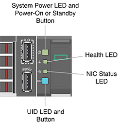 The System Power LED and Power On or Standby Button, Health LED, NIC Status LED, and UID Button and LED on a HPE Alletra 4110 node