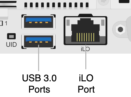 The location of the iLO port on the rear of the HPE Alletra 4110 node